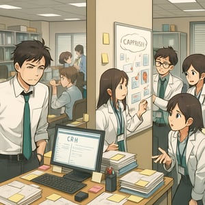 anime The image depicts a busy office environment in a midsized pharmaceutical company A group of employees divided into three distinct areas are enga