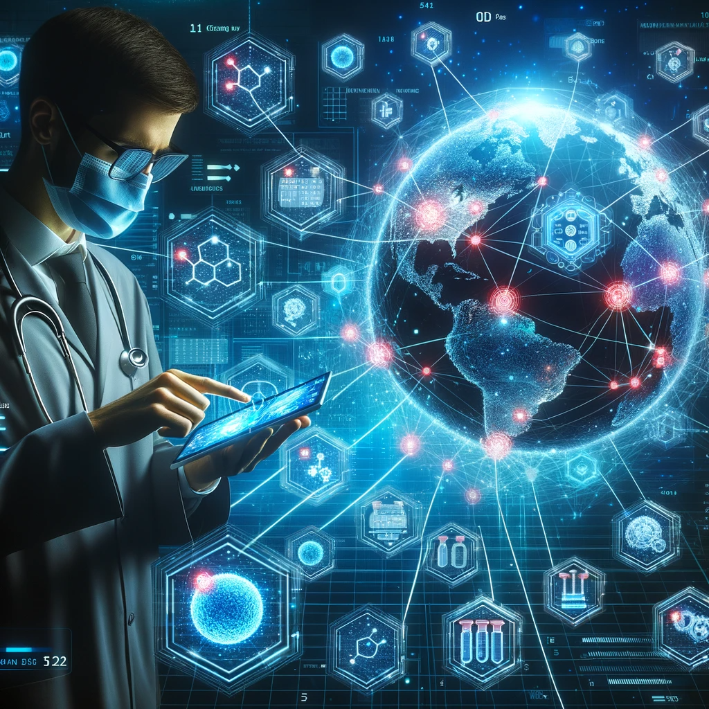 DALL·E 2023-10-19 23.30.33 - Photo of a professional in a futuristic setting, deeply engrossed in two holographic medical documents with various tags. Surrounding them, a 3D globe