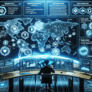 DALL·E 2023-10-19 23.39.55 - Photo of a futuristic control room where a person in formal attire monitors two holographic documents filled with tags and labels. Diagnostic laborato