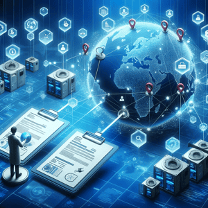 DALL·E 2023-10-19 23.44.55 - Illustration from the perspective of an individual ensuring data security. In the foreground, two virtual documents with tags and labels float, connec
