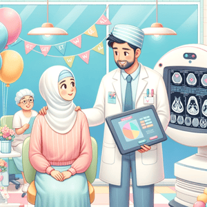 DALL·E 2023-11-09 18.38.54 - Illustrate a whimsical scene in an oncology ward with soft, comforting colors. There is a Middle-Eastern male oncologist in a lab coat, smiling as he 