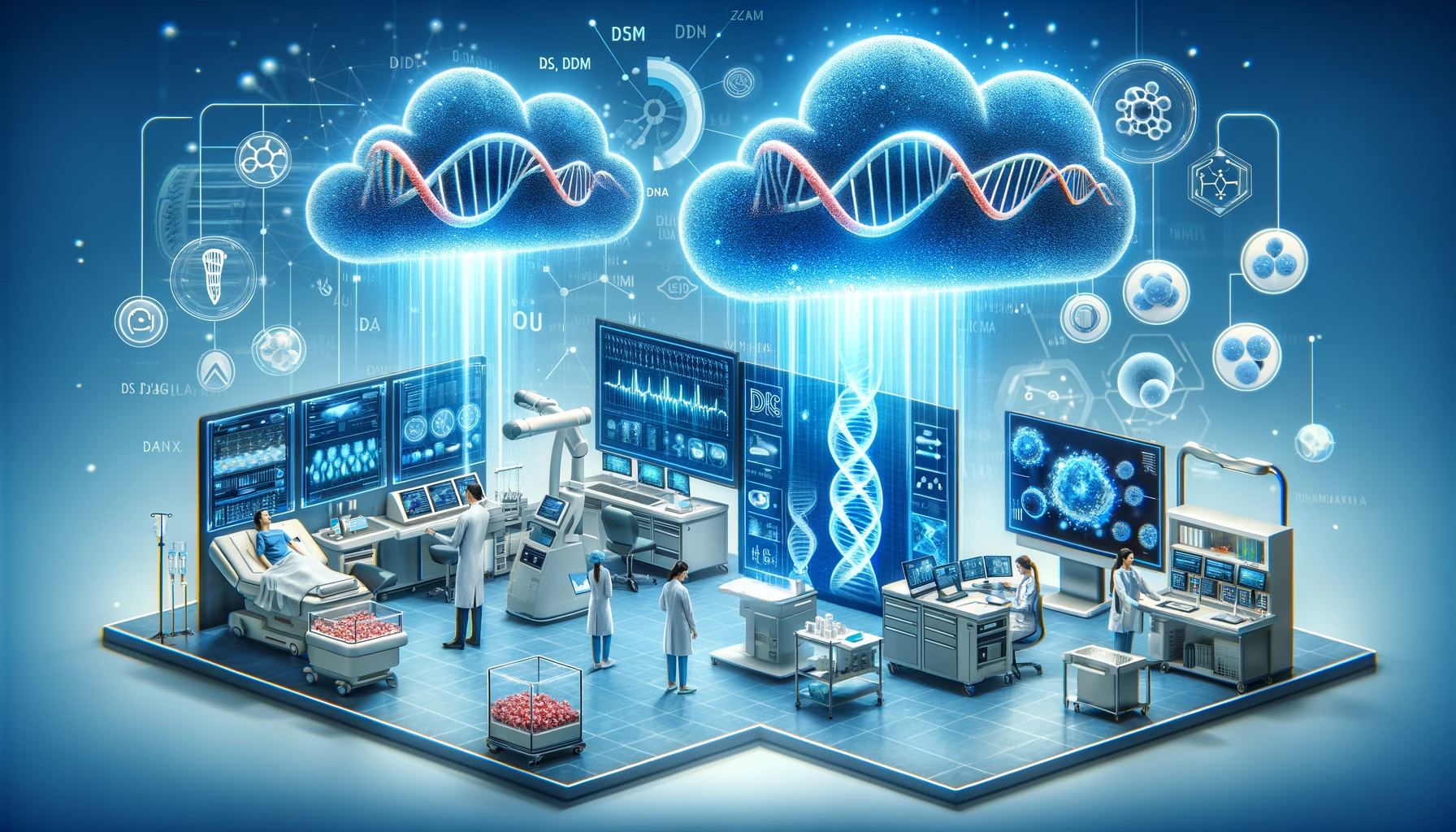 Photo illustration of a modern hospital setting, with advanced medical equipment and holographic displays showing patient data