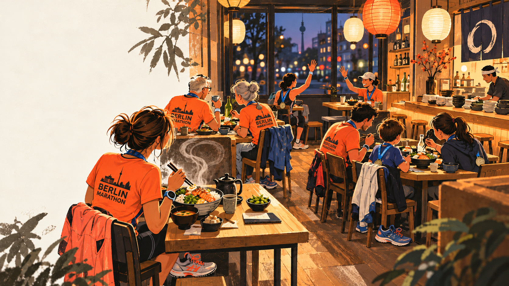 Abends in einem kleinen japanischen Restaurant essen Marathonläufer an getrennten Tischen Lachs, Tofu und Miso. Ein Gast winkt quer durch den Raum, ein anderer winkt zurück.