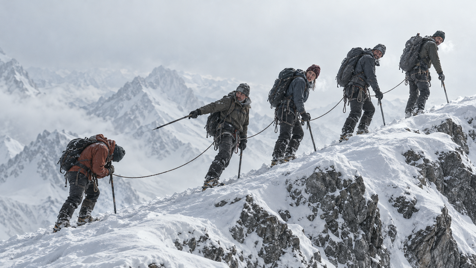 Five mountaineers roped together on a snowy ridge. The last one is bent over his ice axe, exhausted. The four ahead turn back to point at him and smirk, but they are slumped, leaning on their poles and just as tired.